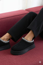 BLACK EMBROIDED FLUFFY PLATFORM SLIPPERS AZTEC DETAIL FAUX FUR LINED ANKLE BOOTS