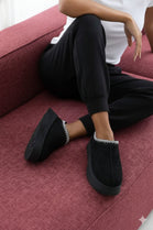 BLACK EMBROIDED FLUFFY PLATFORM SLIPPERS AZTEC DETAIL FAUX FUR LINED ANKLE BOOTS