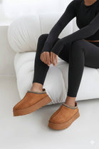 CHESTNUT EMBROIDED FLUFFY PLATFORM SLIPPERS AZTEC DETAIL FAUX FUR LINED ANKLE BOOTS