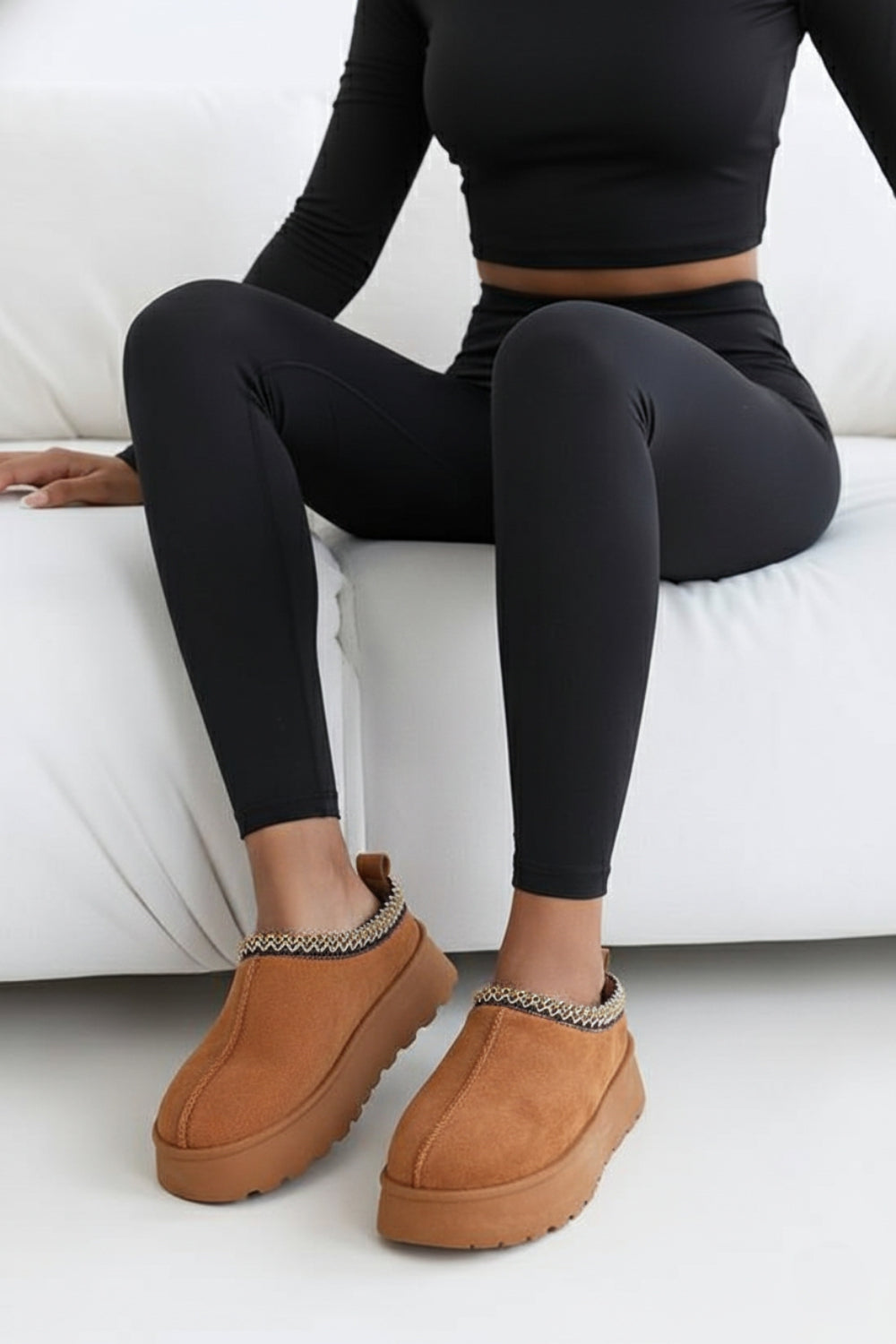 Chestnut Suede Aztec Faux Fur Platform Slip on Boots
