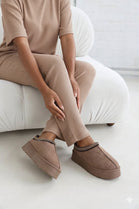 CAMEL EMBROIDED FLUFFY PLATFORM SLIPPERS AZTEC DETAIL FAUX FUR LINED ANKLE BOOTS