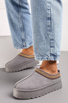 GREY FLUFFY PLATFORM SLIPPERS FAUX FUR LINED ANKLE BOOTS
