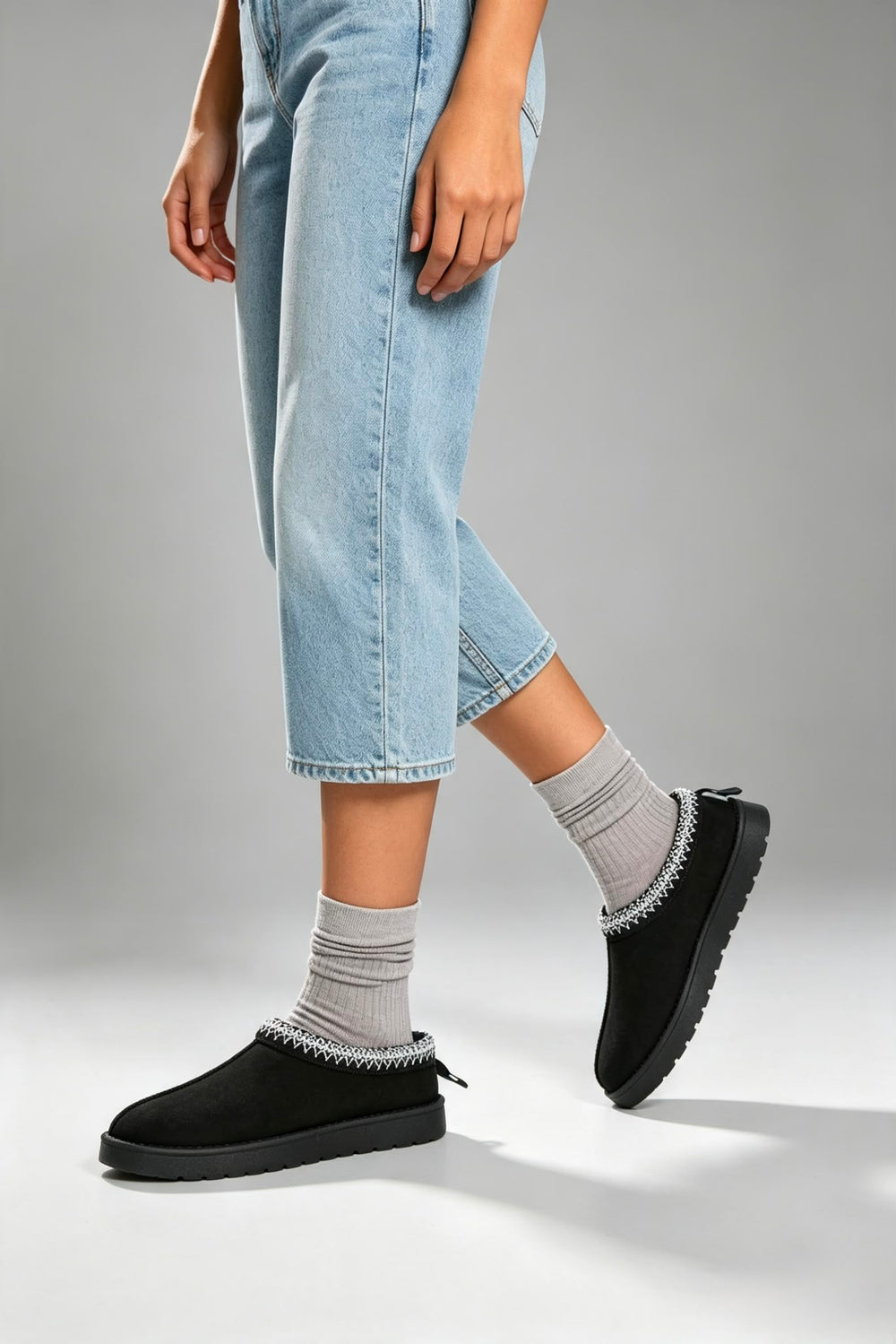 Black Suede Aztec Faux Fur Embroidered Slipper Boots