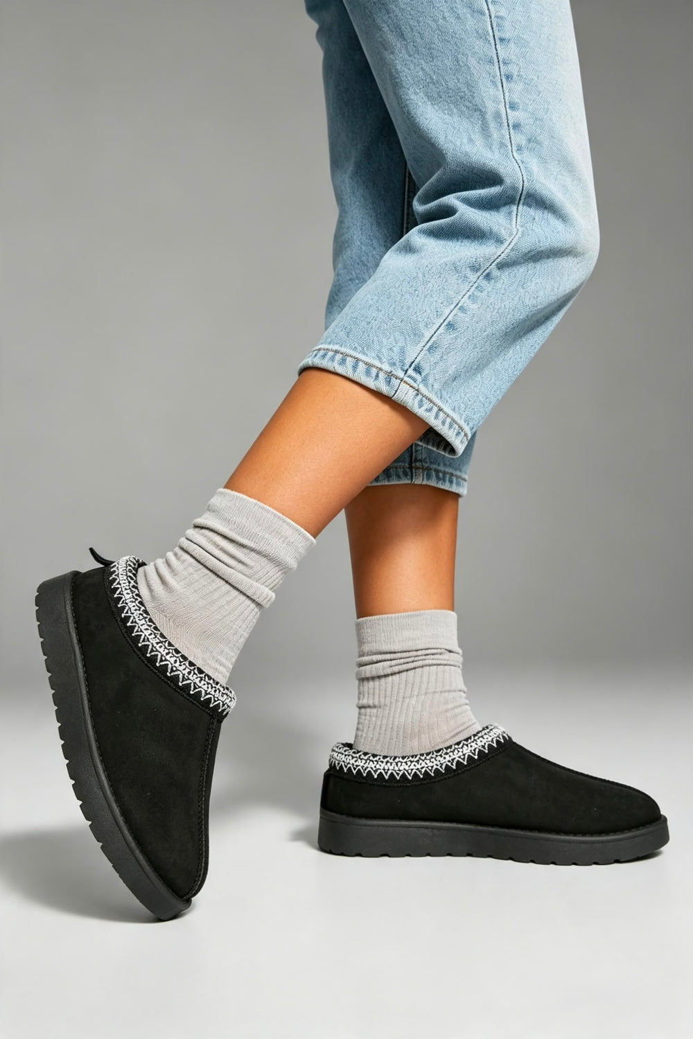 Black Suede Aztec Faux Fur Embroidered Slipper Boots