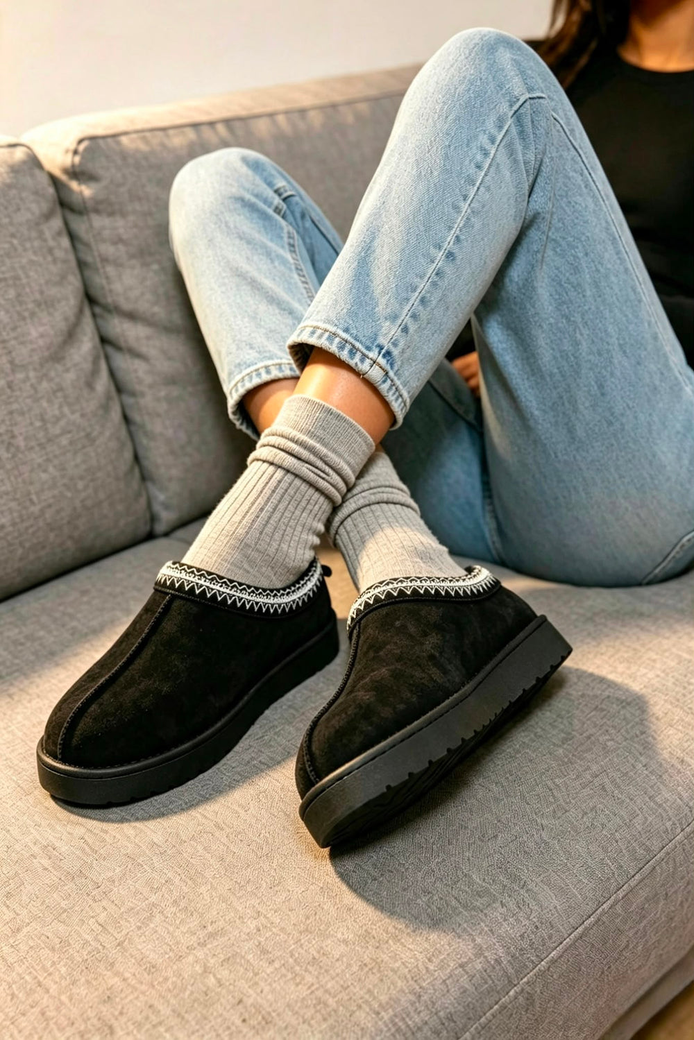 Black Suede Aztec Faux Fur Embroidered Slipper Boots