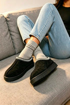 Black Suede Aztec Faux Fur Embroidered Slipper Boots