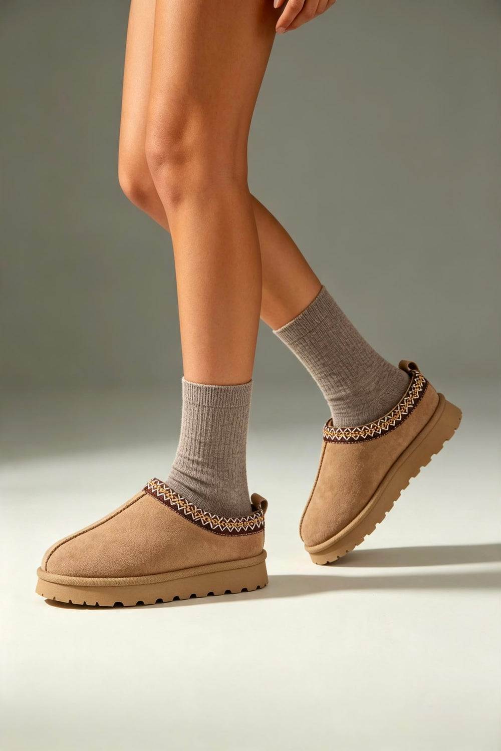 Camel Suede Aztec Faux Fur Embroidered Slipper Boots