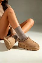 Camel Suede Aztec Faux Fur Embroidered Slipper Boots