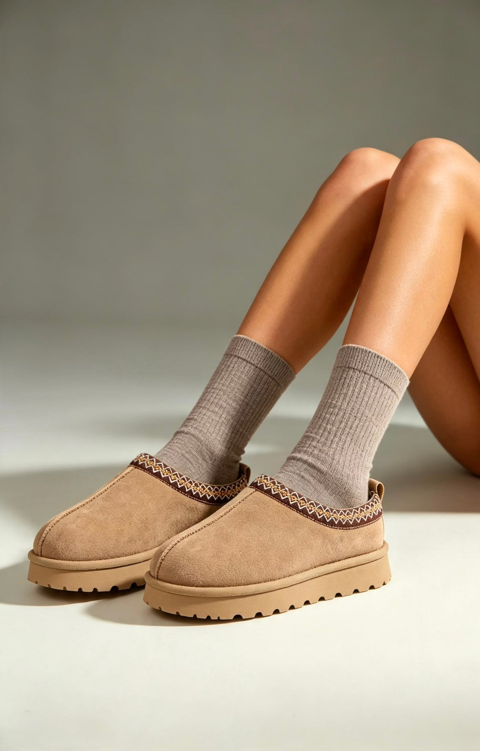 Camel Suede Aztec Faux Fur Embroidered Slipper Boots