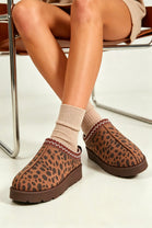 Dark Brown Leopard Suede Aztec Faux Fur Embroidered Slipper Boots