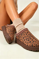 Dark Brown Leopard Suede Aztec Faux Fur Embroidered Slipper Boots