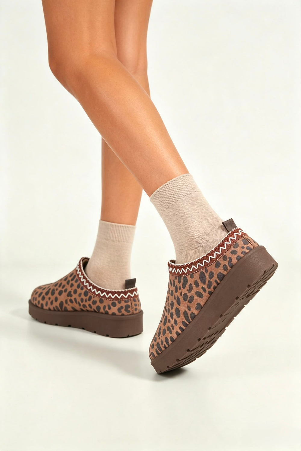 Dark Brown Leopard Suede Aztec Faux Fur Embroidered Slipper Boots
