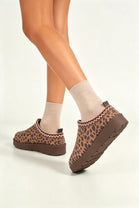 Dark Brown Leopard Suede Aztec Faux Fur Embroidered Slipper Boots