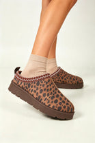Dark Brown Leopard Suede Aztec Faux Fur Embroidered Slipper Boots