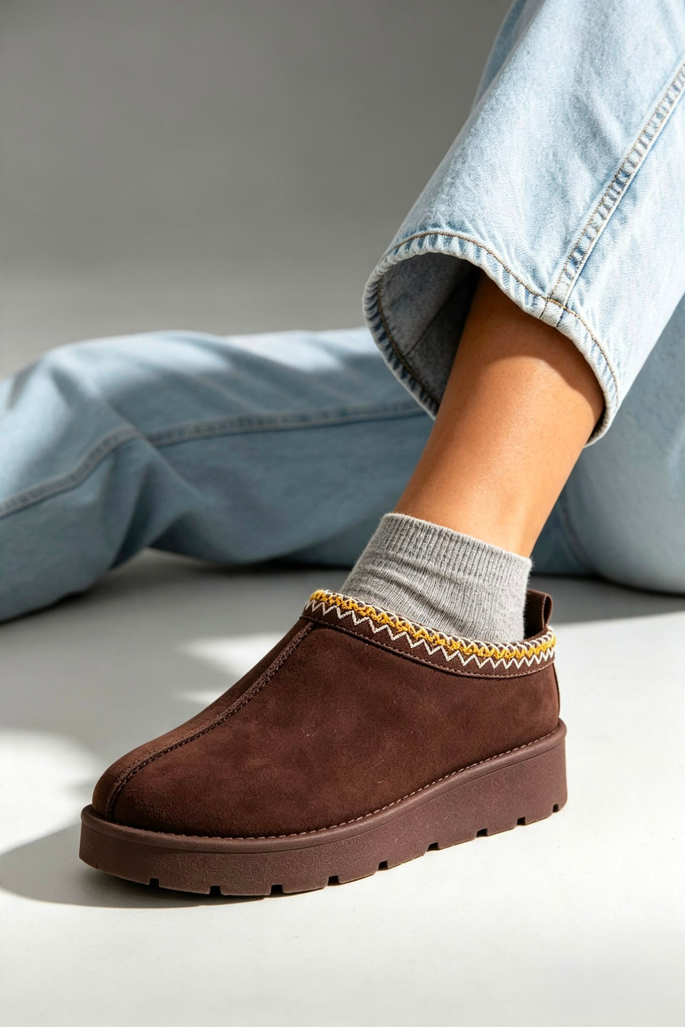 Brown Suede Aztec Faux Fur Embroidered Slipper Boots