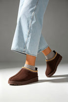 Brown Suede Aztec Faux Fur Embroidered Slipper Boots