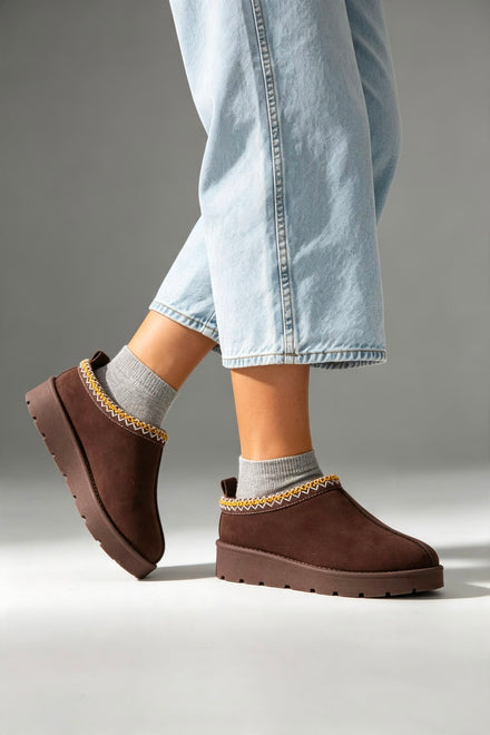 Brown Suede Aztec Faux Fur Embroidered Slipper Boots