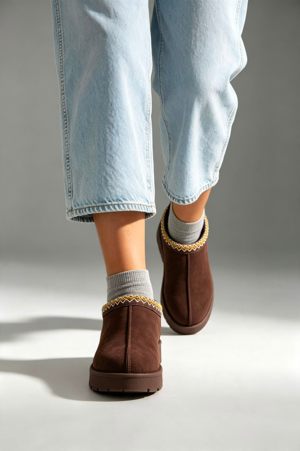 Brown Suede Aztec Faux Fur Embroidered Slipper Boots