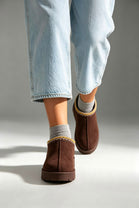 Brown Suede Aztec Faux Fur Embroidered Slipper Boots