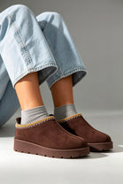 Brown Suede Aztec Faux Fur Embroidered Slipper Boots
