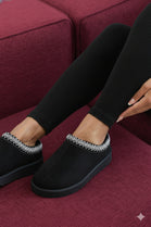 BLACK FAUX SUEDE EMBROIDED AZTEC DETAIL COZY FLUFFY SLIPPERS BOOTS BOOTIES