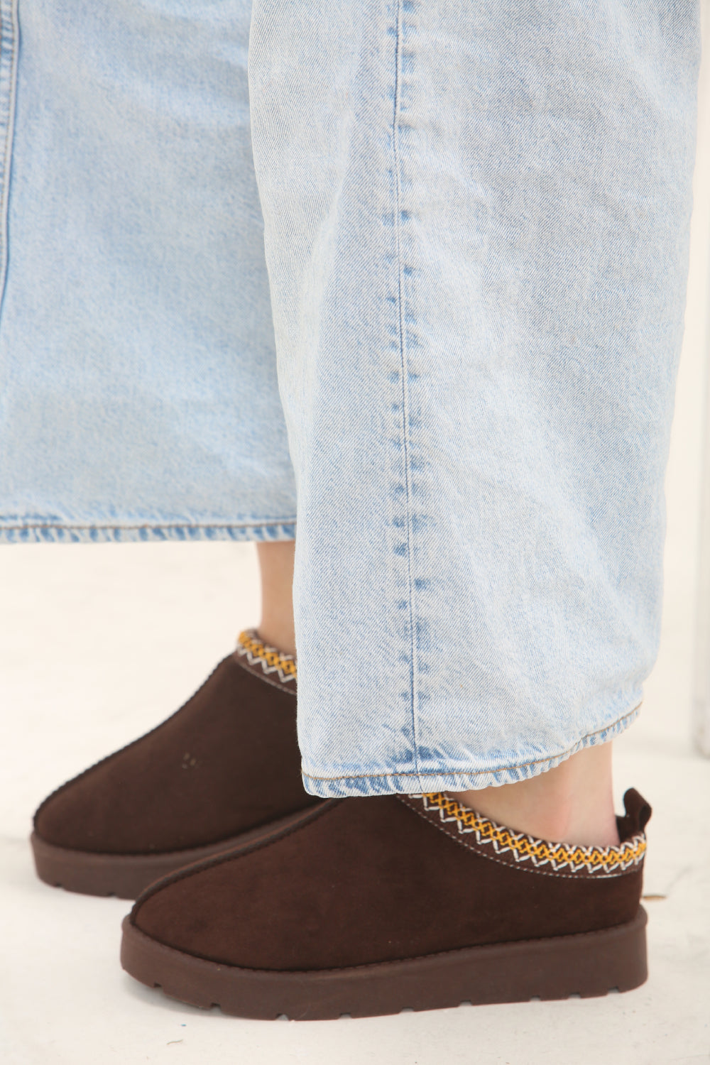 BROWN FAUX SUEDE EMBROIDERED AZTEC COZY SLIPPER BOOTS