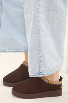 BROWN FAUX SUEDE EMBROIDERED AZTEC COZY SLIPPER BOOTS