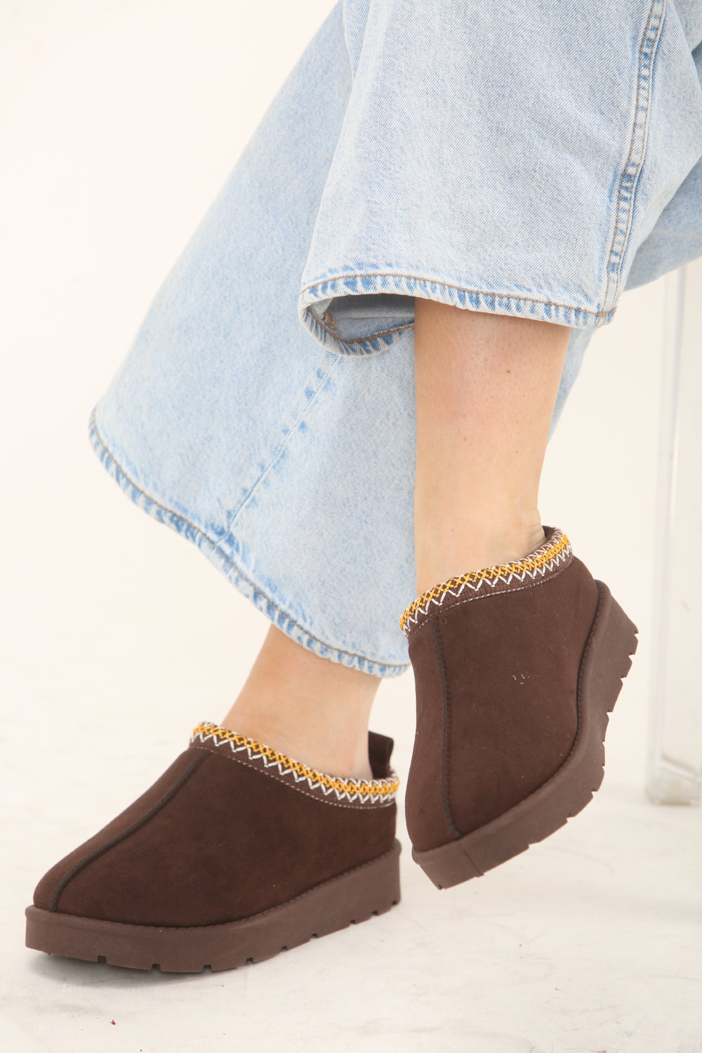 BROWN FAUX SUEDE EMBROIDERED AZTEC COZY SLIPPER BOOTS