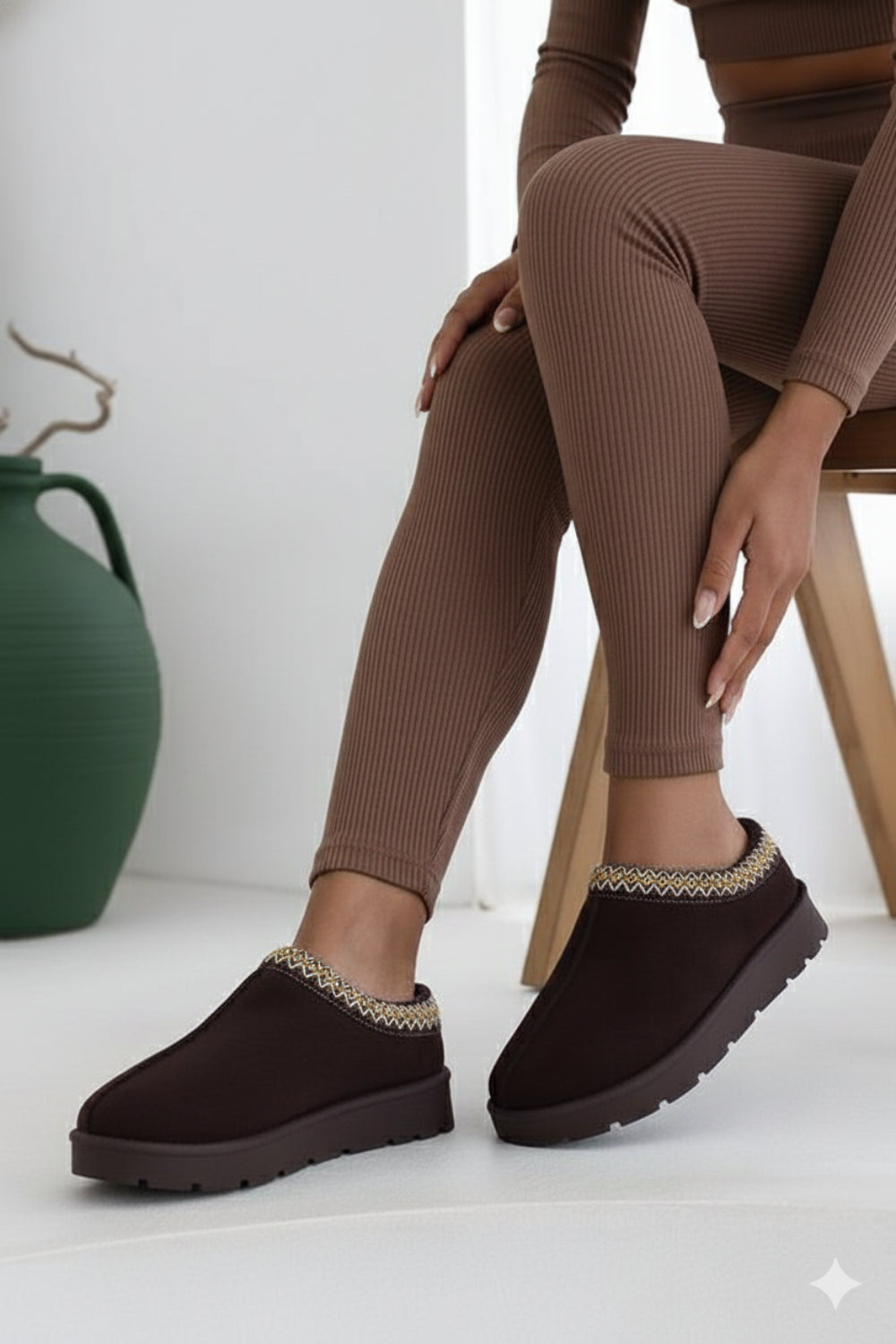 BROWN FAUX SUEDE EMBROIDERED AZTEC COZY SLIPPER BOOTS