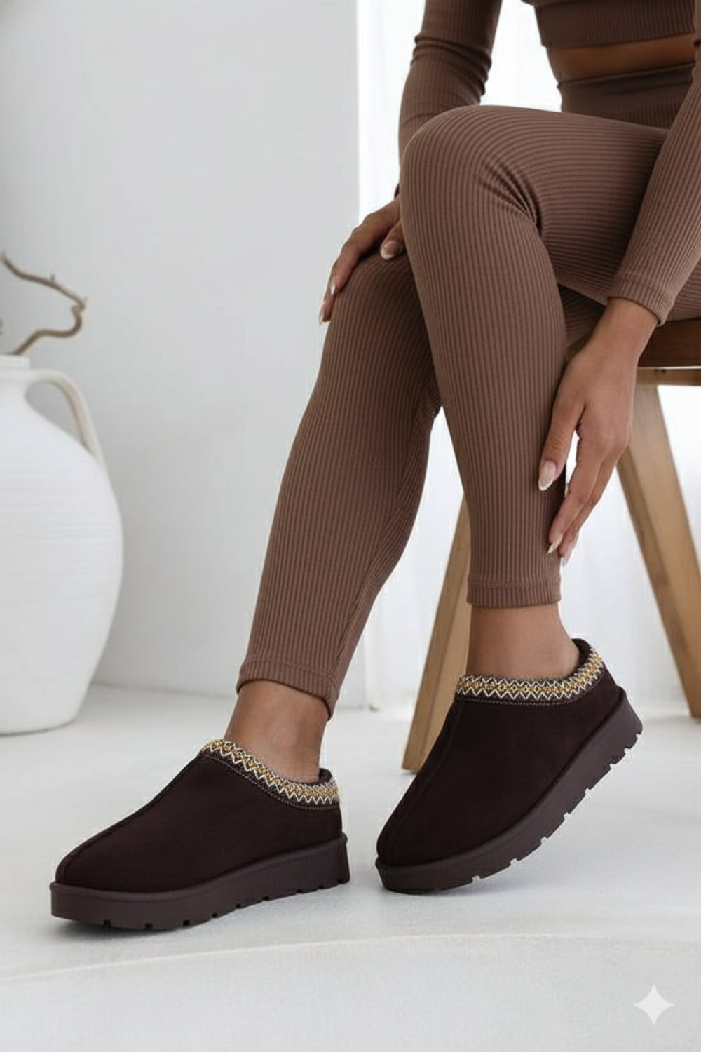 BROWN FAUX SUEDE EMBROIDERED AZTEC COZY SLIPPER BOOTS