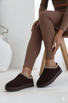 BROWN FAUX SUEDE EMBROIDERED AZTEC COZY SLIPPER BOOTS