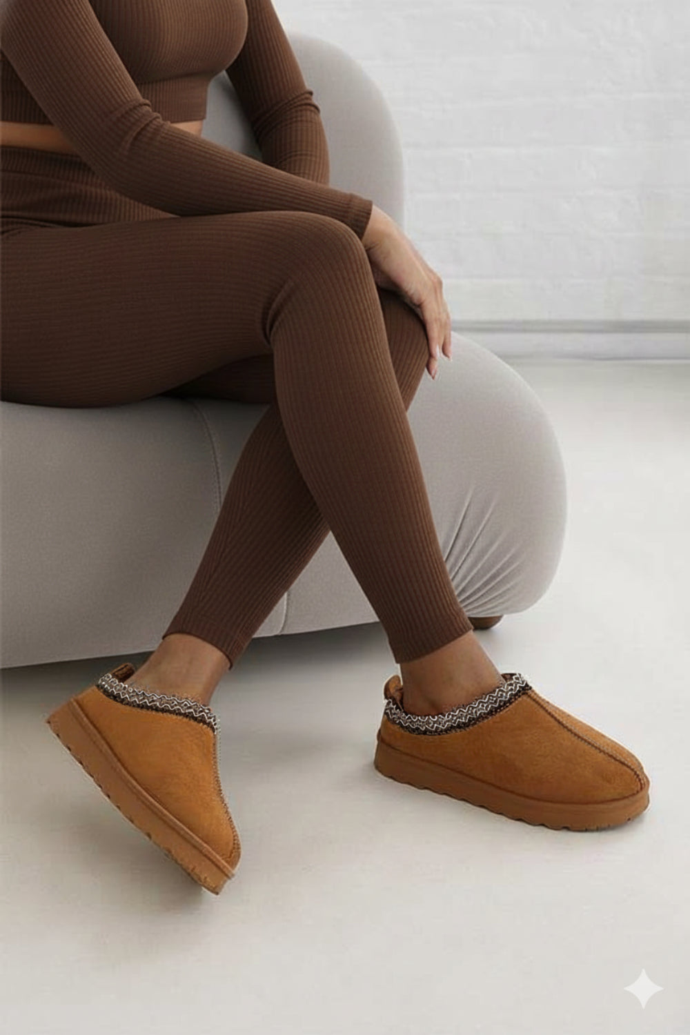 CHESTNUT FAUX SUEDE EMBROIDED AZTEC DETAIL  COZY FLUFFY SLIPPERS BOOTS BOOTIES