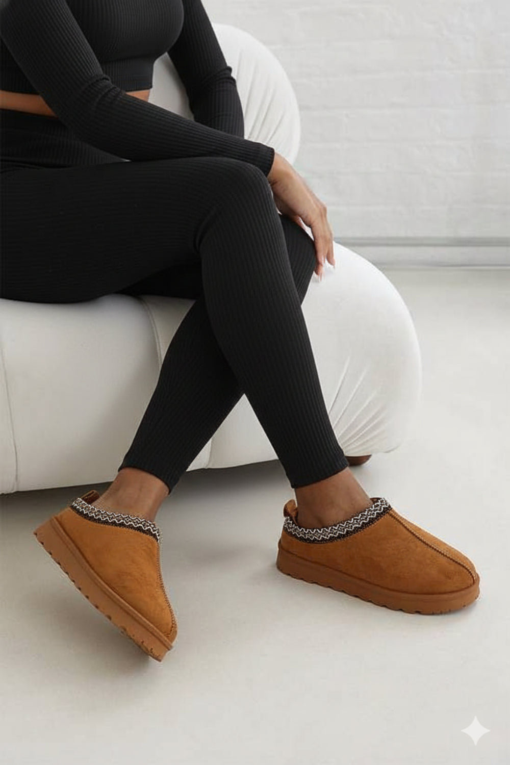 CHESTNUT FAUX SUEDE EMBROIDED AZTEC DETAIL  COZY FLUFFY SLIPPERS BOOTS BOOTIES