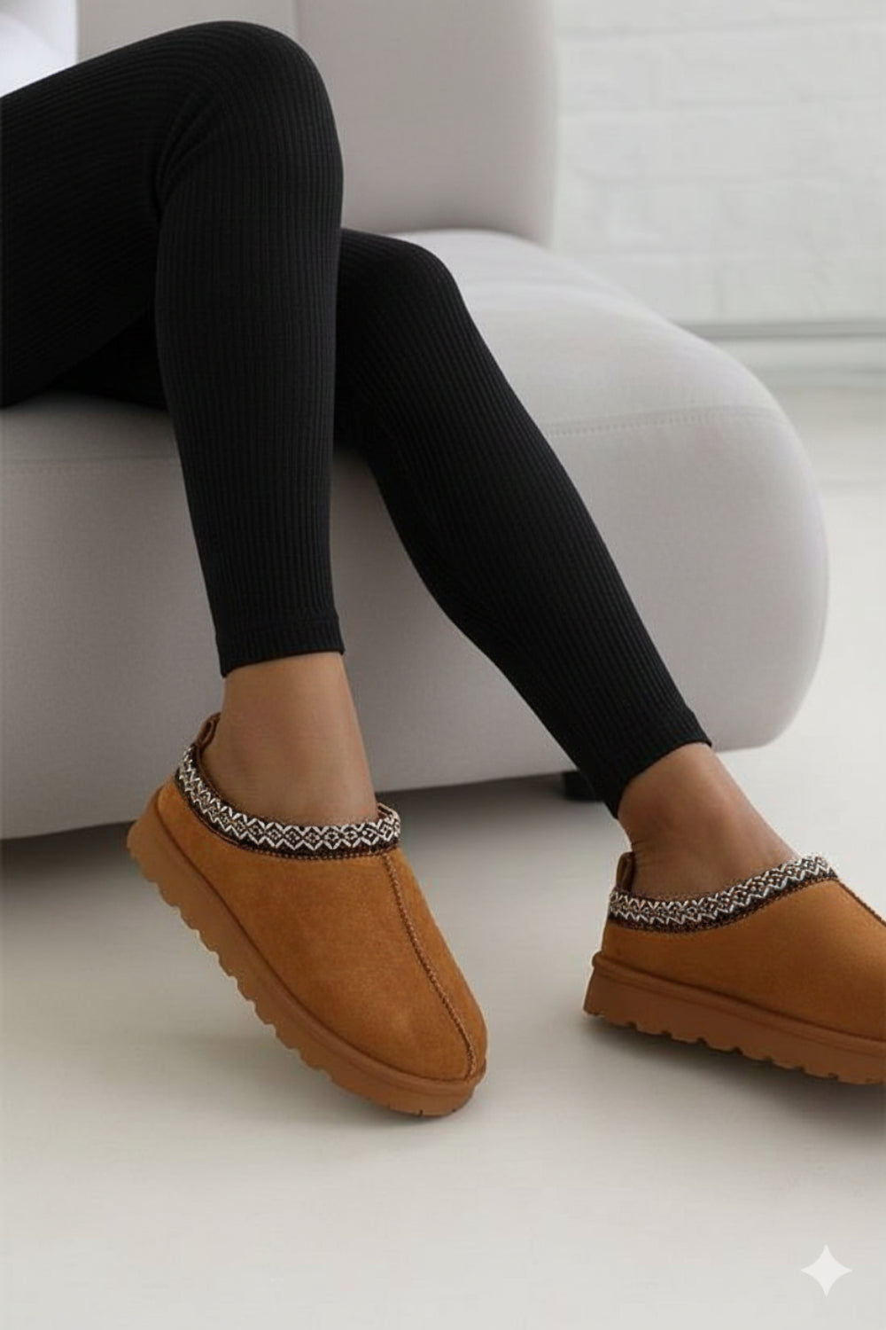 CHESTNUT FAUX SUEDE EMBROIDED AZTEC DETAIL  COZY FLUFFY SLIPPERS BOOTS BOOTIES