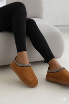 CHESTNUT FAUX SUEDE EMBROIDED AZTEC DETAIL  COZY FLUFFY SLIPPERS BOOTS BOOTIES