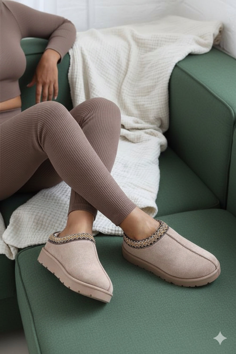 CAMEL FAUX SUEDE EMBROIDED AZTEC DETAIL COZY FLUFFY SLIPPERS BOOTS BOOTIES