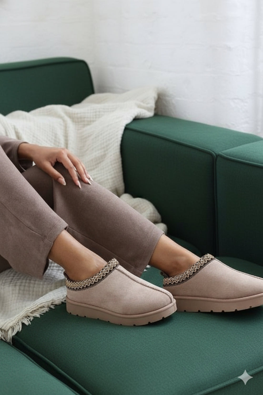 CAMEL FAUX SUEDE EMBROIDED AZTEC DETAIL COZY FLUFFY SLIPPERS BOOTS BOOTIES