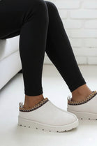 CREAM FAUX SUEDE EMBROIDED AZTEC DETAIL COZY FLUFFY SLIPPERS BOOTS BOOTIES