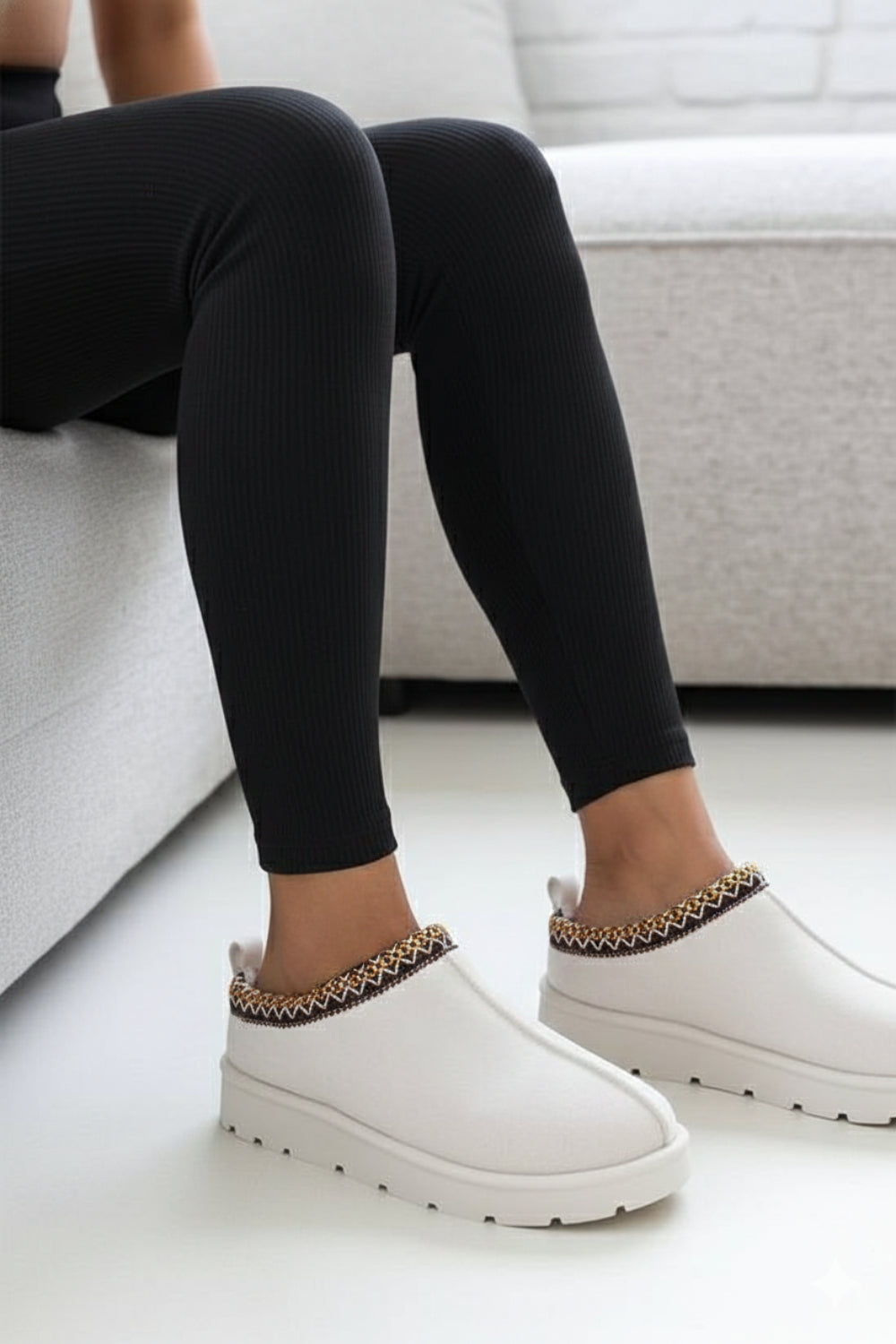 CREAM FAUX SUEDE EMBROIDED AZTEC DETAIL COZY FLUFFY SLIPPERS BOOTS BOOTIES