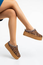 LEOPARD FLUFFY PLATFORM SLIPPERS FAUX FUR LINED ANKLE BOOTS