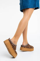 LEOPARD FLUFFY PLATFORM SLIPPERS FAUX FUR LINED ANKLE BOOTS