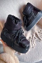 Black Platform Chunky Ankle Snow Winter Boots with Lace Detail