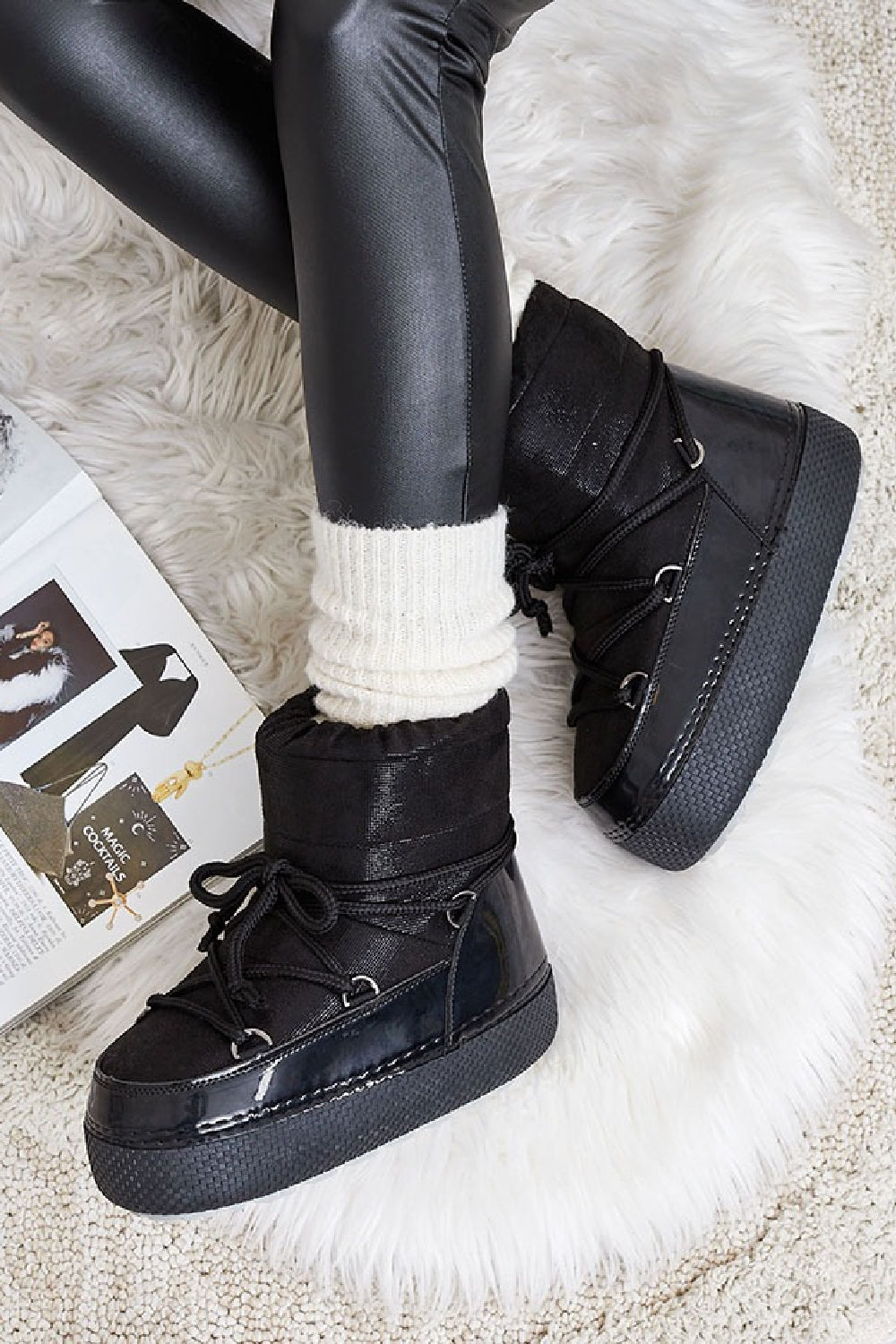 Black Platform Chunky Ankle Snow Winter Boots with Lace Detail