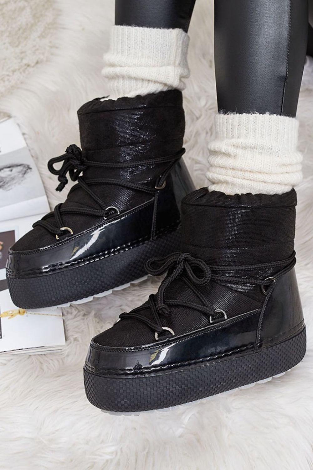 Black Platform Chunky Ankle Snow Winter Boots with Lace Detail