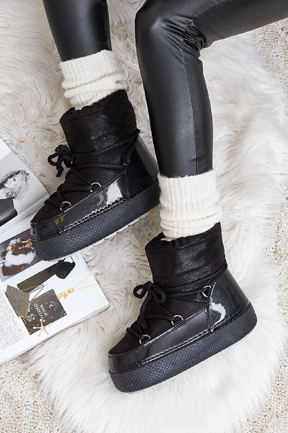 Black Platform Chunky Ankle Snow Winter Boots with Lace Detail