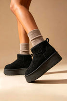 Black Suede Faux Fur Ultra Mini Platform Ankle Boots