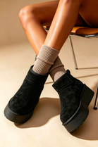 Black Suede Faux Fur Ultra Mini Platform Ankle Boots