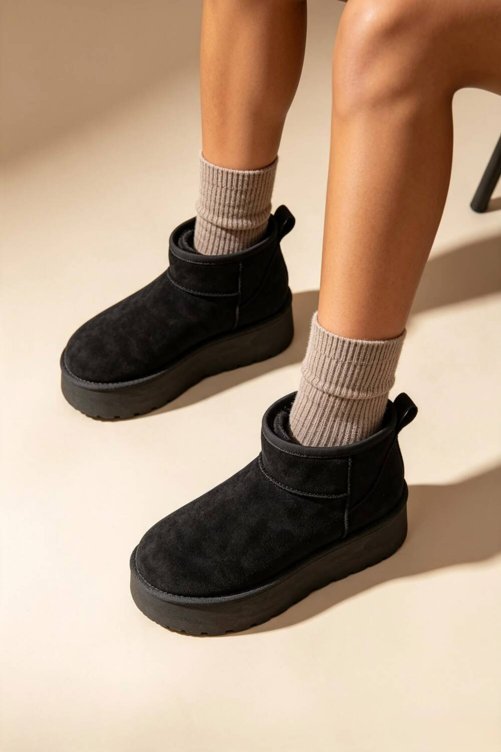 Black Suede Faux Fur Ultra Mini Platform Ankle Boots