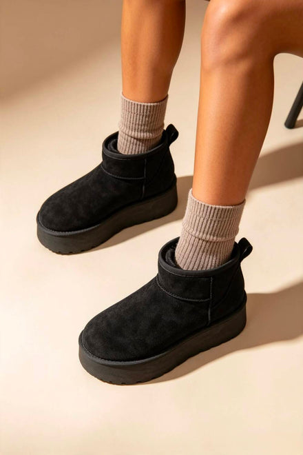 Black Suede Faux Fur Ultra Mini Platform Ankle Boots