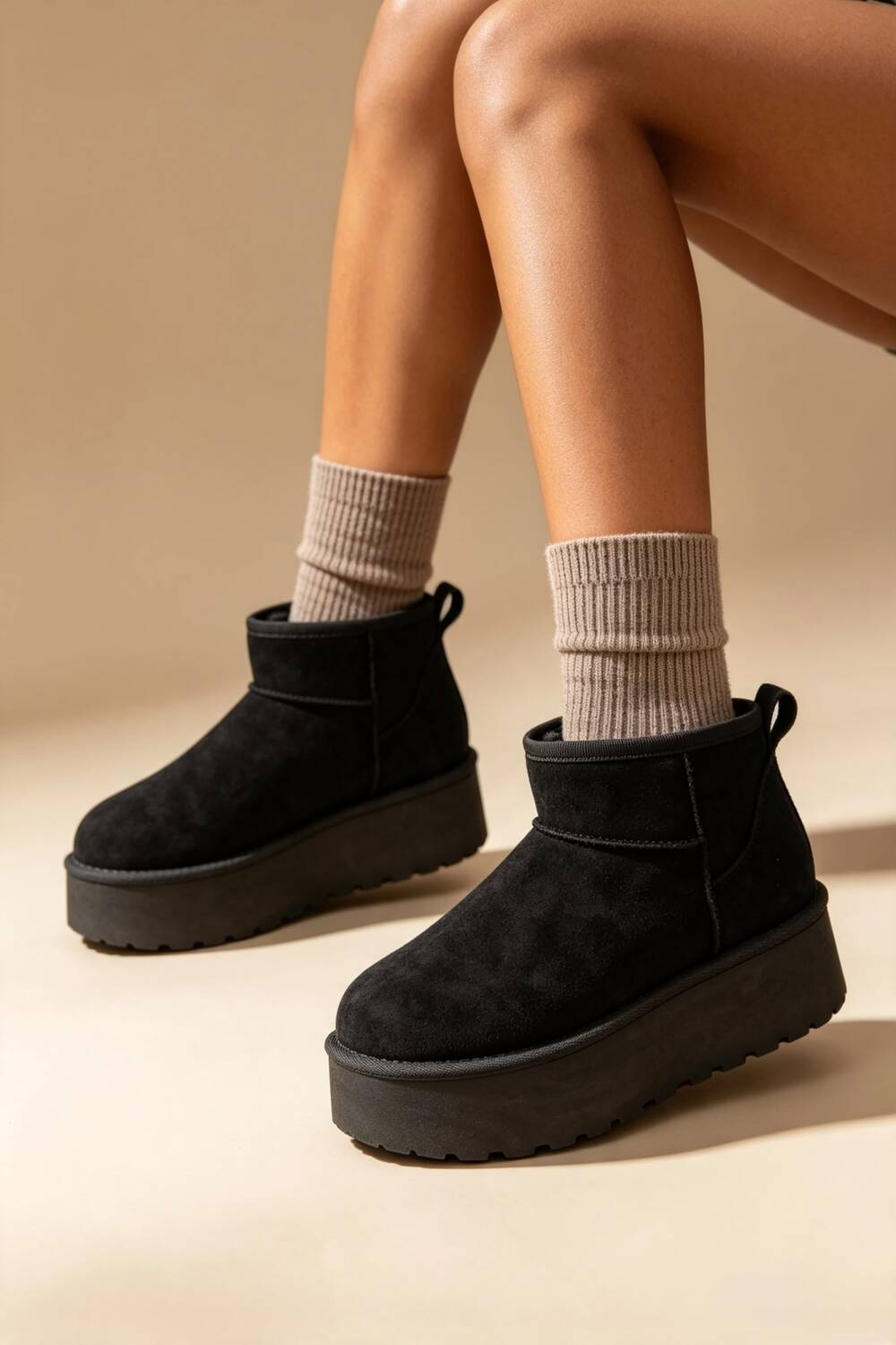 Black Suede Faux Fur Ultra Mini Platform Ankle Boots